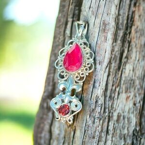 Raw Ruby & Garnet Sterling Silver Fleur-de-lis Filigree Pendant
